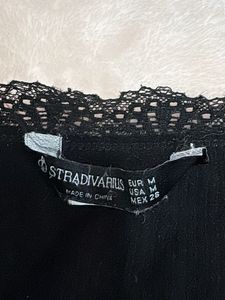 Black Cropped Long Sleeve Top with Lace Trim