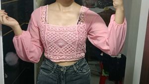 Pink Crochet Crop Top with Sheer Sleeves