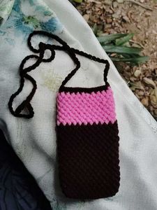 Handmade Pink & Brown Crochet Phone Sling Bag