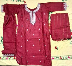 Maroon Embroidered Kurta Set with Dupatta