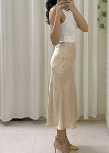 Beige Satin Midi Skirt