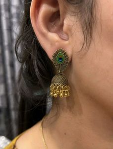 Peacock Feather Jhumka Earrings | Oxidised Gold |