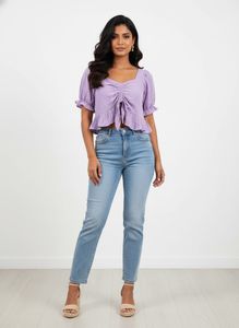 Chic Lavender Ruched Puff Sleeve CropTop