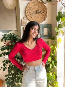 Red Cropped Long Sleeve Top