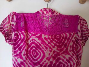 Vibrant Pink &amp; Beige Printed Short Kurta