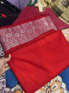 Elegant Red Silk Saree with Silver Border