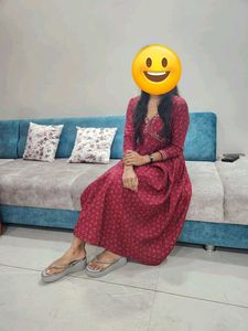 maroon Printed Kurta with Embellished Neckline