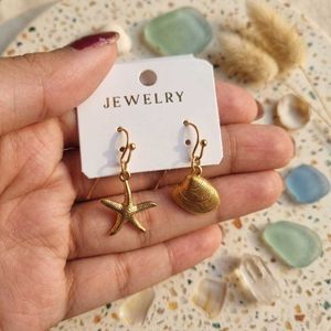 Gold Starfish & Shell Dangle Earrings