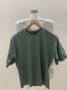 Olive Green Eyelet Sleeve T-Shirt