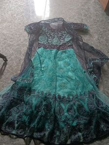 Navy Blue And Cyan Colour Ethinc Gown With Coat