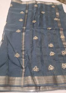 Elegant Blue grey  Embroidered Saree