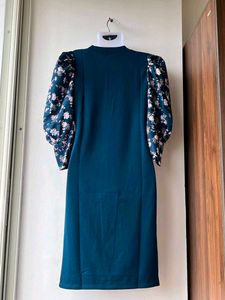 Teal Dress with Floral Puff Sleeves (small)