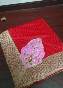 Red Net Or Chiffon Saree With Attached Blouse Piec