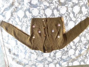 Olive Green Knit Cardigan with Flower Detail