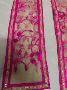 Elegant Beige Net Dupatta with Vibrant Pink Floral