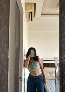 Sage Green Printed Crop Shirt with Collar