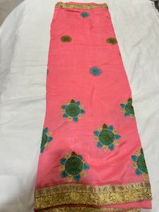 Pink Embroidered Saree with Gold Border
