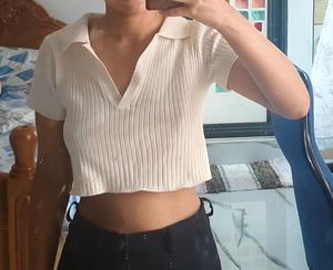 Urbanic White Ribbed Collared Crop Top