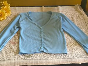 Baby Blue Ribbed Button-Up Top