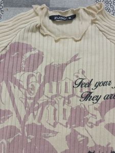Cream Ribbed Long Sleeve Top with Floral Graphic