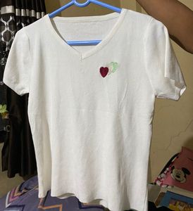 Cute White V-Neck Top with Heart Detail