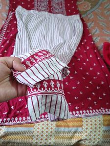 Maroon Embroidered Kurta with Striped Pants