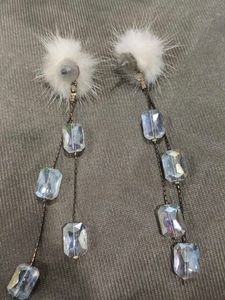 White Fur &amp; Crystal Drop Earrings