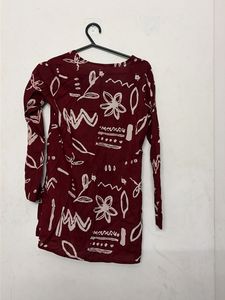 Maroon Printed Long Sleeve Kurta