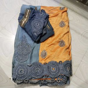 Orange Saree with Grey Border