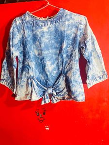Blue Tie Front Denim Top