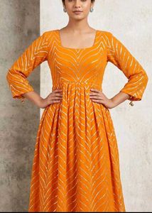 Vibrant Orange Kurta with Golden Chevron Print