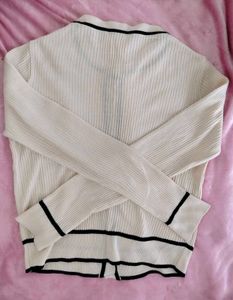 ⚡Elegant Cream Ribbed Cardigan with Black Trim