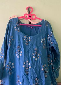Blue Kurta with White Floral Print