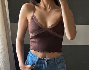 Brown Ribbed Lace Trim Cami Top