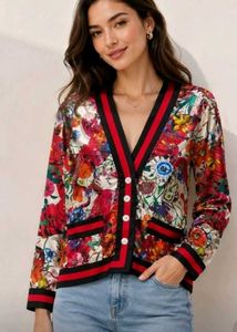 Floral V-Neck Button-Up Jacket.