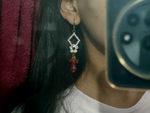 White Crystal Red Beaded Drop Earrings