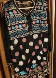 Women's Black Embroidery Lucnowi Kurti