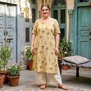 Yellow Floral Print Kurta with Palazzo Pants