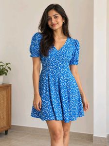 Blue Floral Puff Sleeve Mini Dress