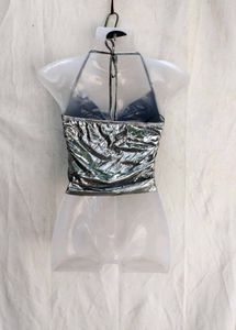 I. Metallic Halter Neck Crop Top