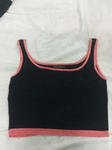 Chic Black Crop Top with Pink Trim