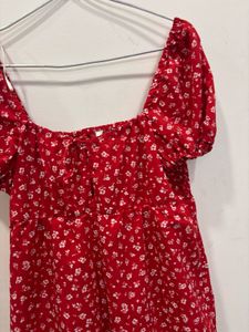 Red Floral Print Puff Sleeve Dress