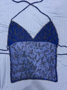 Y2K Viral Beaded Blue Halter Top