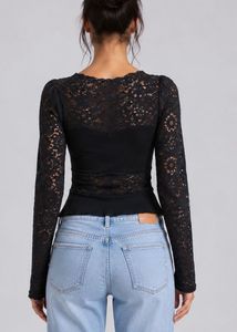 Lace Detail Long Sleeve Black Top