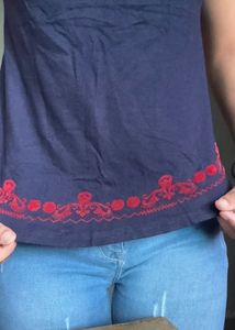 Navy Blue Top with Red Embroidery