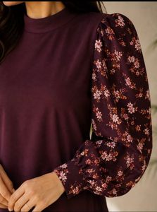 Elegant Burgundy Dress with Floral Sleeves