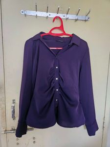 Elegant Purple Ruched Button-Up Shirt