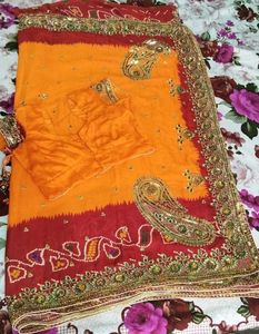 Orange & Red Embroidered Saree with Blouse