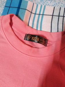 Thai Coral Pink Knit Ribbed Crop Top Tee Crewneck