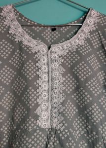 Elegant Grey Printed Kurti with Lace Detail Gown